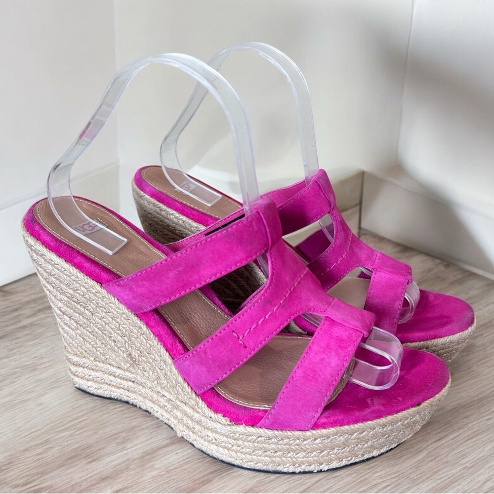 UGG Australia Pink Rose Suede Platform Rope Wedge Sandal Womens Size 10
